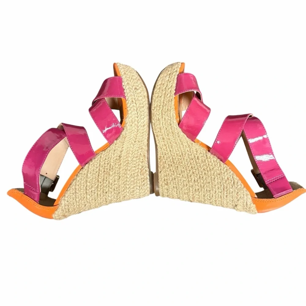 SCHUTZ Pink Orange Patent Leather Wedge Platform Espadrille‎ Sandals Womens 5
